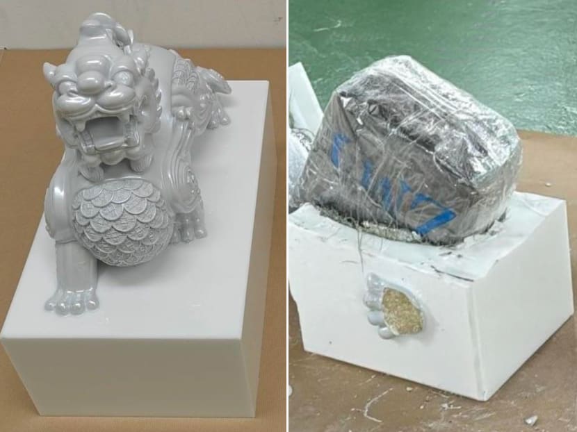 About 4.15kg of meth was concealed within the base structure of the ornamental lion figurines. About 4.15kg of meth was concealed within the base structure of the ornamental lion figurines.