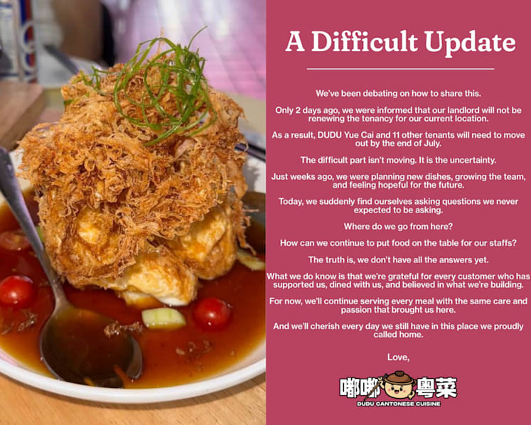 Cantonese eatery Dudu to close after landlord gives owner a month to move out before lease expiry