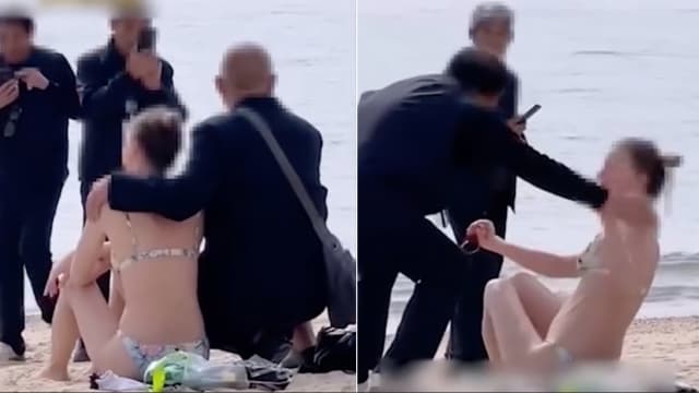 香港海滩三大叔包围比基尼辣妹 强行搭肩摸背合照