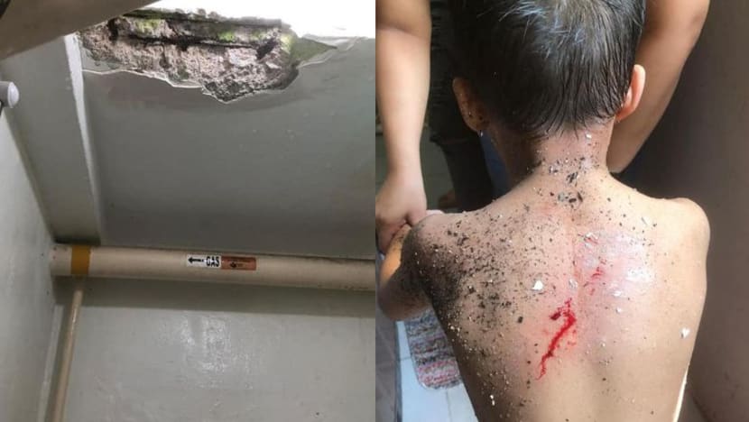 Budak lelaki luka setelah serpihan konkrit jatuh ke atasnya di bilik air Budak lelaki luka setelah serpihan konkrit jatuh ke atasnya di bilik air