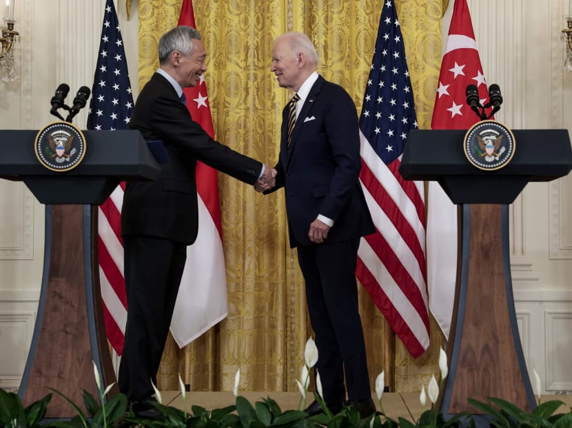 US President Joe Biden (right) at a joint news conference with Singapore’s Prime Minister Lee Hsien Loong (left) in the East Room at the White House in Washington, US, on March 29, 2022.