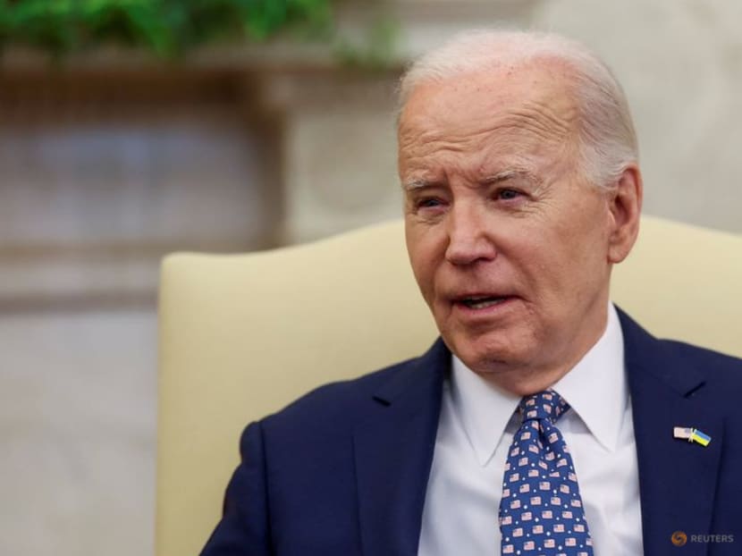 US President Joe Biden looks on as him and Vice President Kamala Harris (not pictured) meet with congressional leaders in the Oval Office at the White House in Washington, US on Feb 27, 2024. US President Joe Biden looks on as him and Vice President Kamala Harris (not pictured) meet with congressional leaders in the Oval Office at the White House in Washington, US on Feb 27, 2024.