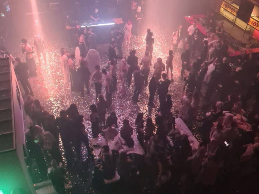 People attend an "almost naked" party organized by Russian blogger Anastasia (Nastya) Ivleeva at Mutabor nightclub in Moscow, Russia, in this image published December 21, 2023. 