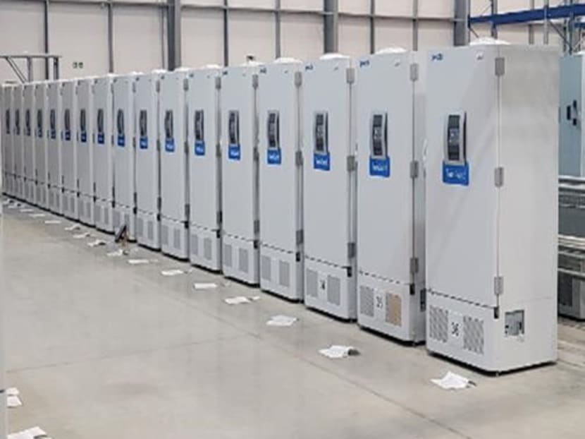 Specialist freezers await distribution of Covid-19 vaccines to the NHS from a secure location in Britain.