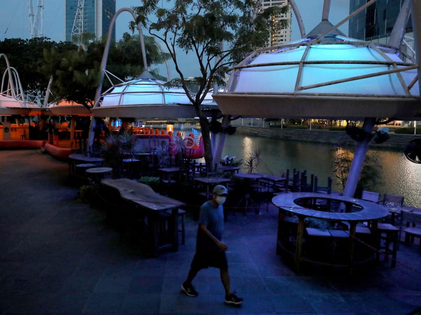 The lights were switched off at closed businesses along Clarke Quay during the circuit breaker on May 27, 2020. June 2 will mark the start of a three-phase gradual resumption of activities, with the initial phase allowing economic activities that “do not pose high risk of transmission” of the coronavirus to resume. The lights were switched off at closed businesses along Clarke Quay during the circuit breaker on May 27, 2020. June 2 will mark the start of a three-phase gradual resumption of activities, with the initial phase allowing economic activities that “do not pose high risk of transmission” of the coronavirus to resume.