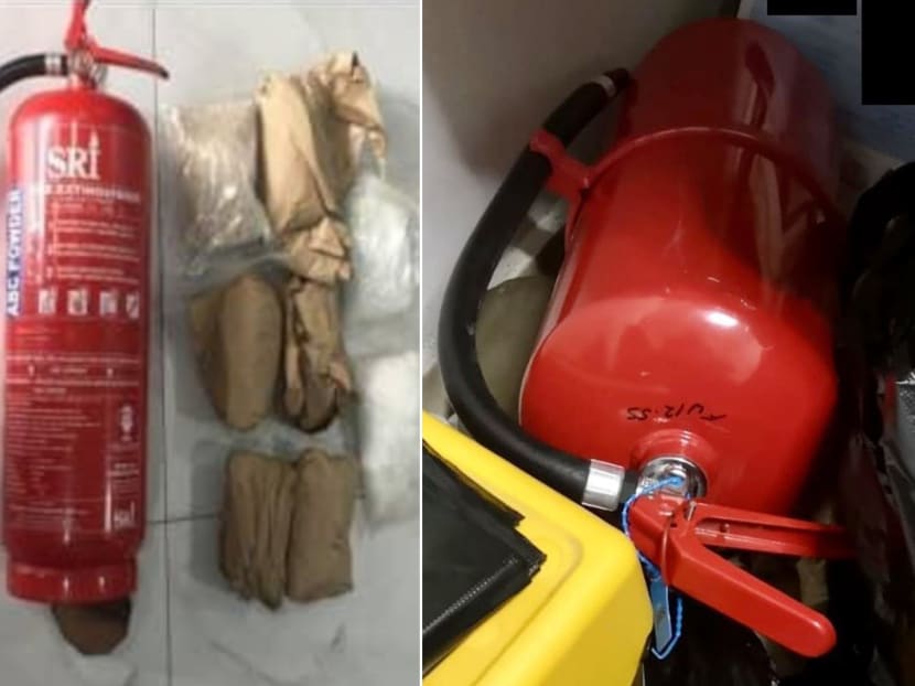 A modified fire extinguisher seized by the Johor Narcotics Criminal Investigation Department (left) and found to be packed with narcotics and a fire extinguisher seized by Singapore's Central Narcotics Bureau (right) in May that had similarly been used to conceal drugs. A modified fire extinguisher seized by the Johor Narcotics Criminal Investigation Department (left) and found to be packed with narcotics and a fire extinguisher seized by Singapore's Central Narcotics Bureau (right) in May that had similarly been used to conceal drugs.