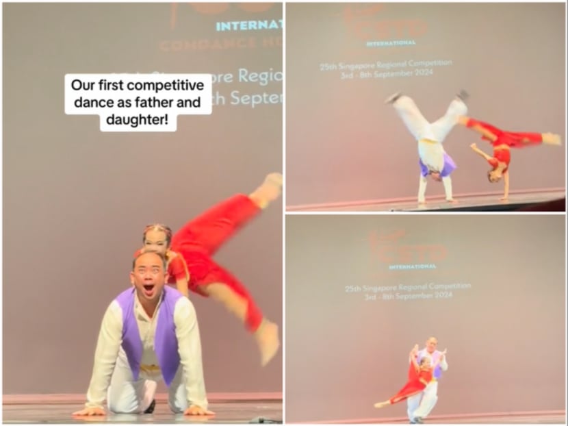 Screenshots from a video posted by Mr Jay Sng of him taking part in a dance competition with his daughter. Screenshots from a video posted by Mr Jay Sng of him taking part in a dance competition with his daughter.