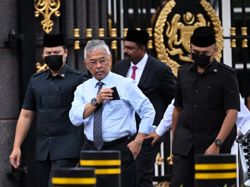 Malaysia's king, Sultan Abdullah Sultan Ahmad Shah (second from right), walking to meet members of the media outside the National Palace in Kuala Lumpur on Nov 21, 2022. Malaysia's king, Sultan Abdullah Sultan Ahmad Shah (second from right), walking to meet members of the media outside the National Palace in Kuala Lumpur on Nov 21, 2022.