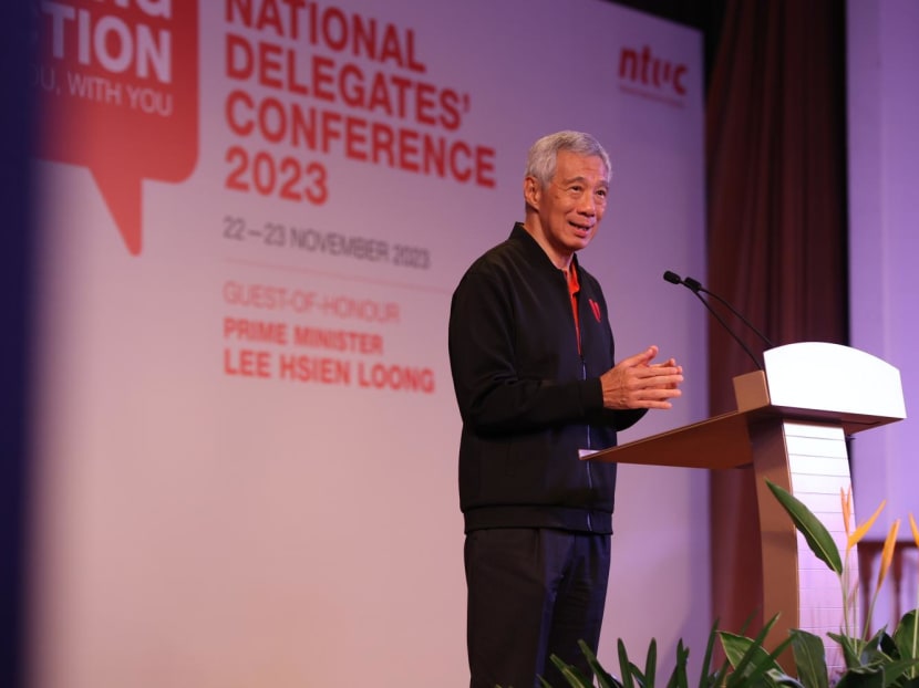 Prime Minister Lee Hsien Loong speaking at the NTUC National Delegates' Conference 2023 on Nov 22, 2023.