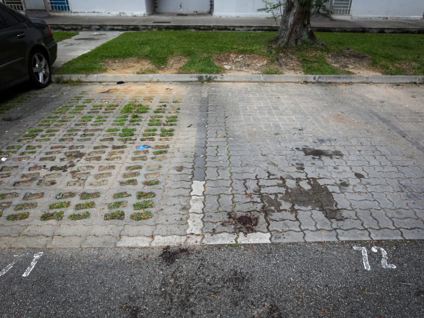 Blood stains at an open-air car park next to Block 176 Boon Lay Drive, seen on April 7, 2022. Blood stains at an open-air car park next to Block 176 Boon Lay Drive, seen on April 7, 2022.