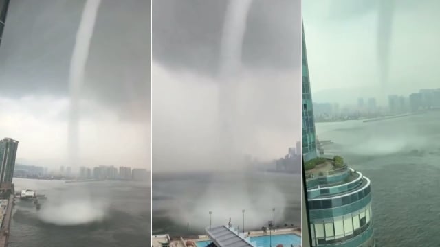 65年来首次 香港维多利亚港出现水龙卷