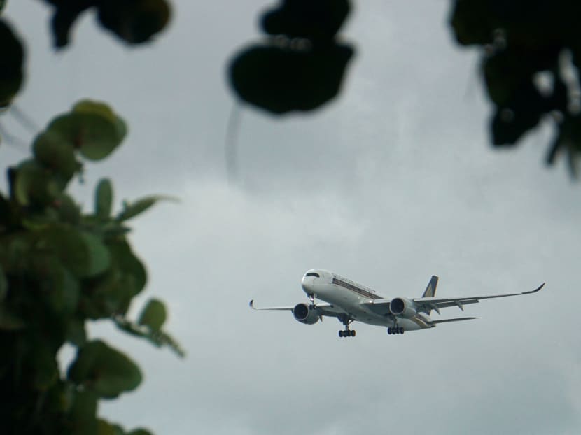A Singapore Airlines plane preparing to land at Changi Airport on Aug 14, 2021.