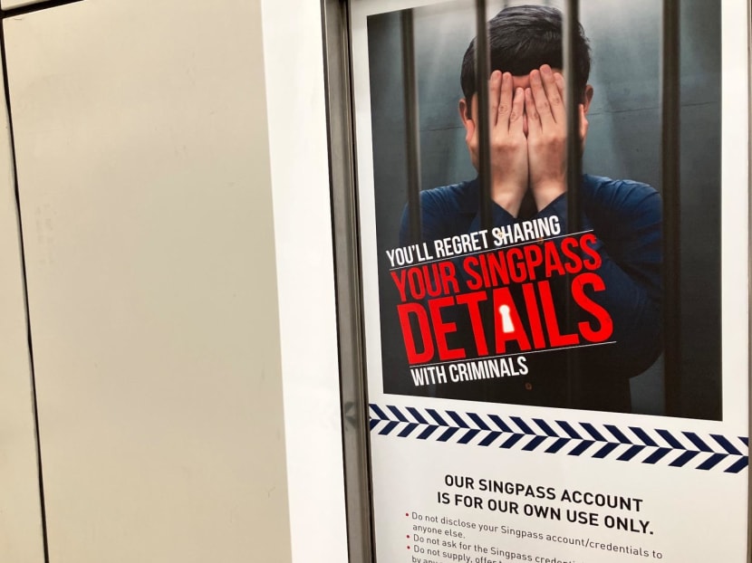 A poster at an MRT station warning members of the public not to give away their personal Singpass information or face the consequences if caught. A poster at an MRT station warning members of the public not to give away their personal Singpass information or face the consequences if caught.
