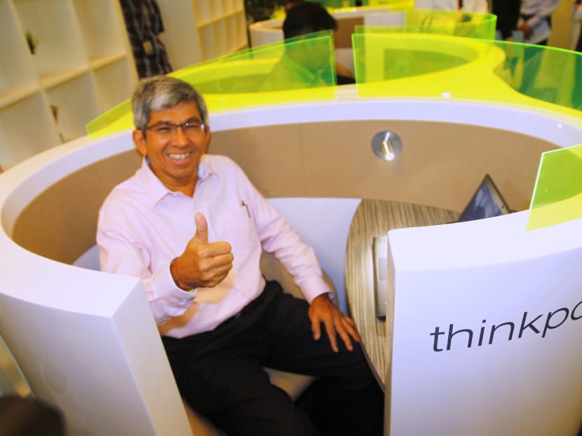 Dr Yaacob Ibrahim at Jurong Regional Library for the launch of the Smart Work Centre yesterday. The centres, located at public libraries, will have office facilities. Photo: Ernest Chua