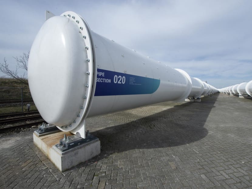 This photograph taken on March 26, 2024, shows a view of the European Hyperloop Center, with a 420m long tunnel serving as a testing facility, constructed to develop hyperloop technologies as a potential future sustainable transportation system, in Veendam. This photograph taken on March 26, 2024, shows a view of the European Hyperloop Center, with a 420m long tunnel serving as a testing facility, constructed to develop hyperloop technologies as a potential future sustainable transportation system, in Veendam.