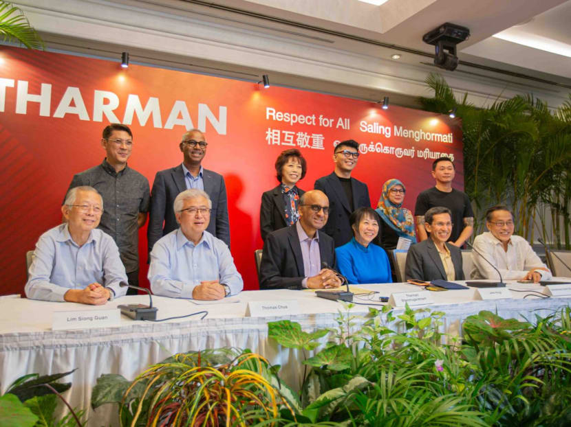 Mr Tharman with his wife as well as the proposer, seconder and assenters for his bid for the elected presidency at York Hotel on July 26, 2023.