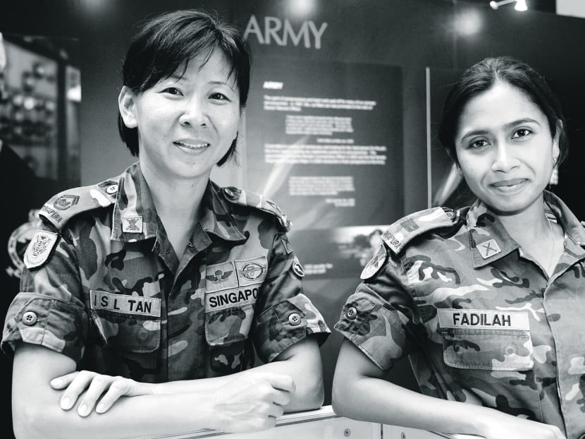 Women SAF personnel at a military exhibition. The writer believes National Service should not be a ‘male-only’ affair. Photo: Koh Mui Fong