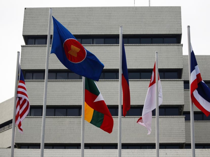 Asean's flag (second from left) along with member states' flags outside the Asean Secretariat in Jakarta. MFA said it condemns Sunday's attack on the Asean convoy of which two Singapore Embassy of Yangon staff were part of. Asean's flag (second from left) along with member states' flags outside the Asean Secretariat in Jakarta. MFA said it condemns Sunday's attack on the Asean convoy of which two Singapore Embassy of Yangon staff were part of.