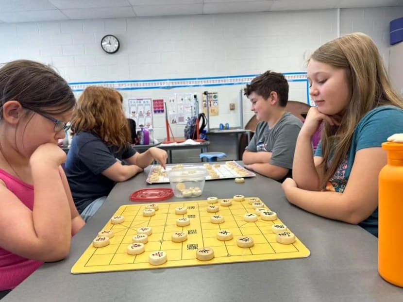 Students at Walnut Hills Elementary School in Greenville, Michigan, where parents earlier this year successfully rallied to save a Mandarin immersion programme from a phase-out.