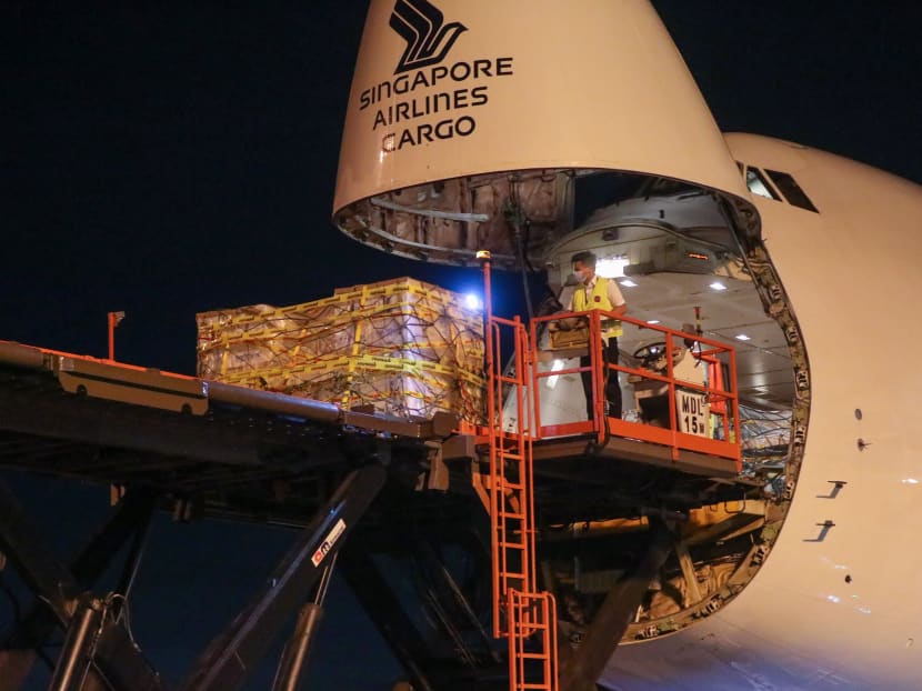The Pfizer-BioNTech vaccine arrived on the evening of Dec 21, 2020, at Changi Airport aboard a scheduled SIA Boeing 747-400 freighter service from the Belgian capital Brussels. The Pfizer-BioNTech vaccine arrived on the evening of Dec 21, 2020, at Changi Airport aboard a scheduled SIA Boeing 747-400 freighter service from the Belgian capital Brussels.