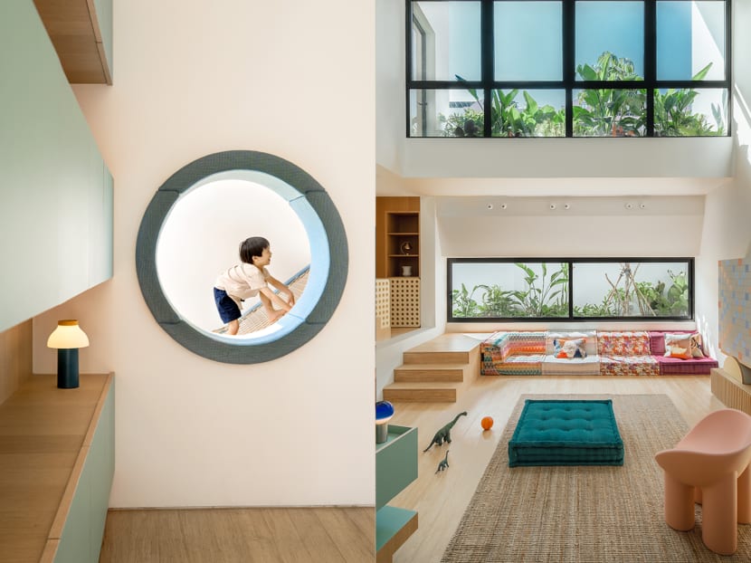 A cafe, floating netted hammock, and riot of colour make this a fun family house