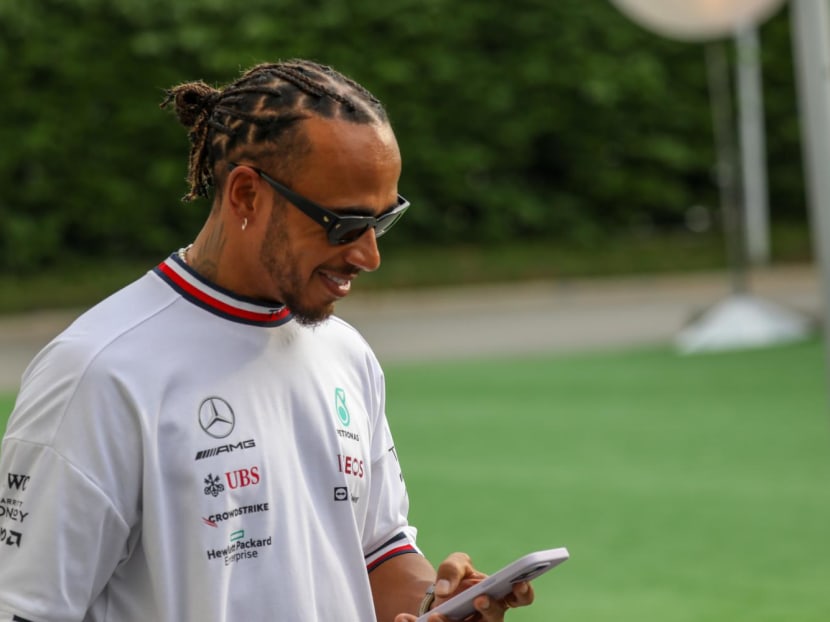 Formula One driver Lewis Hamilton from Mercedes racing team walking around the F1 Pit Building in Singapore on Sept 29, 2022. Formula One driver Lewis Hamilton from Mercedes racing team walking around the F1 Pit Building in Singapore on Sept 29, 2022.