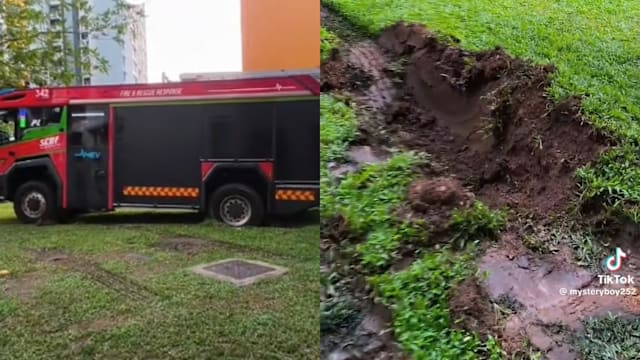 消防车陷入组屋附近草地 民防部队：正检讨事件