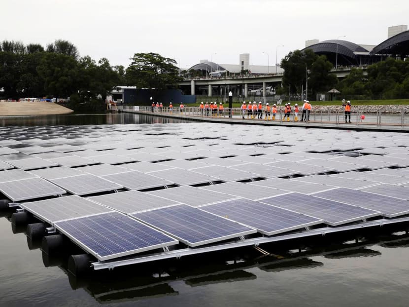 One out of ten of the floating solar systems at Tengeh Reservoir, now home to the world’s largest floating solar test-bed, beside the Tuas Checkpoint. Photo: Wee Teck Hian