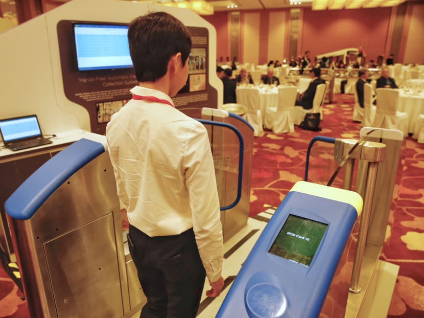 The fare gantries that makes using long range RFID technology on display during the Future of Transport Showcase. Photo: Najeer Yusof/TODAY