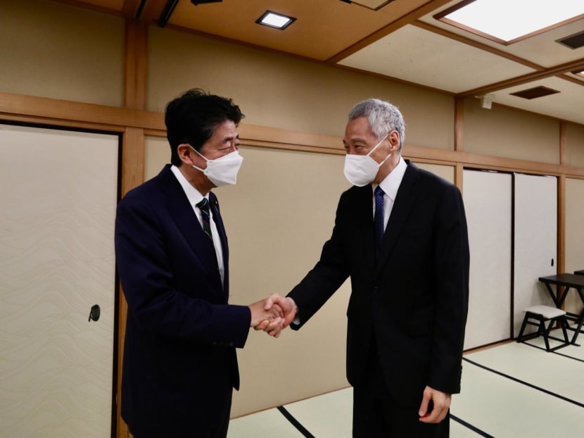 Former Japanese prime minister Shinzo Abe (left) with Singapore Prime Minister Lee Hsien Loong in Tokyo in May 2022. Former Japanese prime minister Shinzo Abe (left) with Singapore Prime Minister Lee Hsien Loong in Tokyo in May 2022.