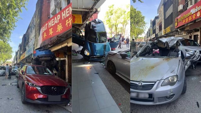 马国新山轿车疑失控“飞起”   撞毁多辆车