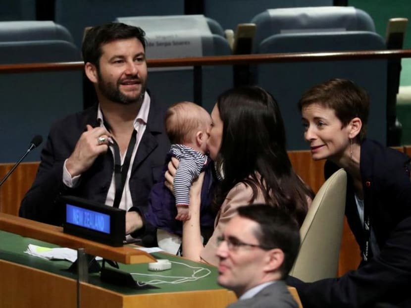 New Zealand prime minister Jacinda Ardern kisses her baby Neve after speaking at the United Nations General Assembly last year. The author suggests that motherhood is arguably the most significant turning point in a woman’s professional life. New Zealand prime minister Jacinda Ardern kisses her baby Neve after speaking at the United Nations General Assembly last year. The author suggests that motherhood is arguably the most significant turning point in a woman’s professional life.