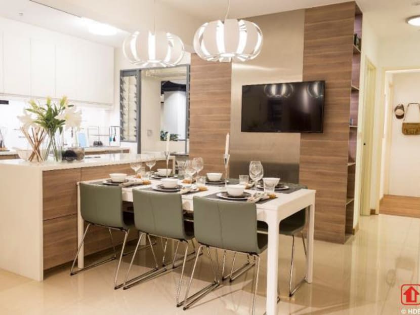 A 5-room showflat with the open kitchen concept at HDB’s My Nice Home Gallery. Photo: HDB