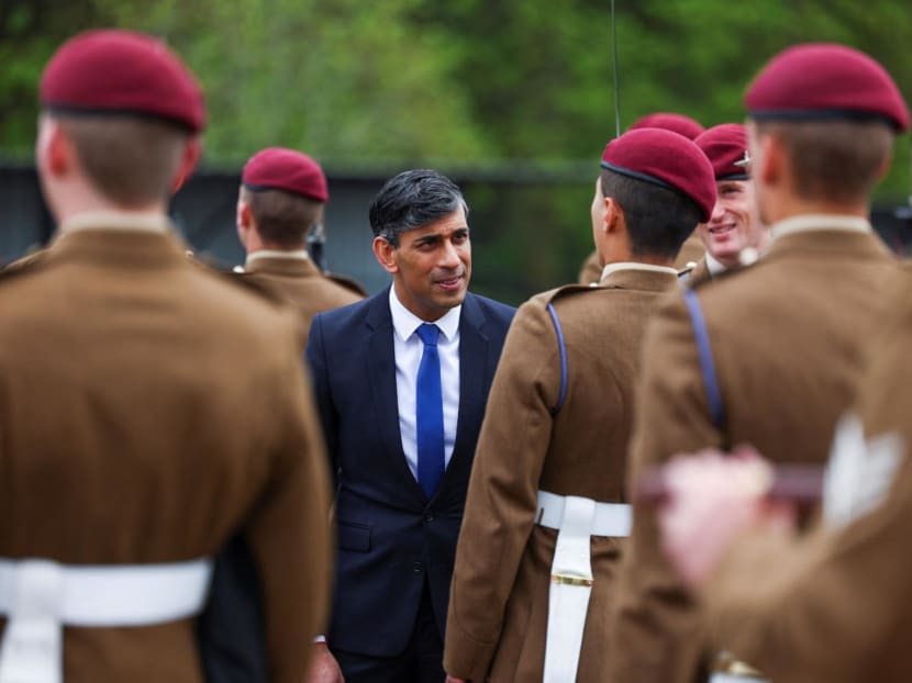 Britain’s Prime Minister Rishi Sunak (centre) inspecting a passing-out parade of the Parachute Regiment recruits during his visit to the Helles Barracks at the Catterick Garrison, a military base in North Yorkshire, Britain, May 3, 2024. 