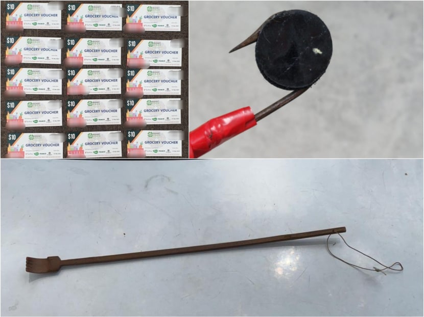 Top right and bottom: The improvised tools that the police seized from suspects, believed to have been used when stealing grocery vouchers (top left) from letterboxes. Top right and bottom: The improvised tools that the police seized from suspects, believed to have been used when stealing grocery vouchers (top left) from letterboxes.