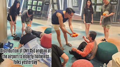 S'poreans Hands Out $50 Ang Pows & Oranges To Homeless At Changi Airport
