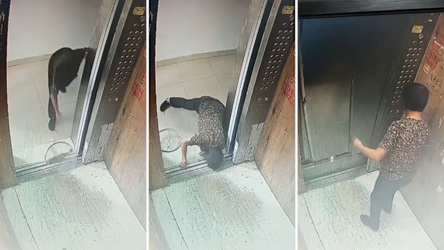 中国妇女搭电梯菜刀掉入缝隙 门瞬间崩坏