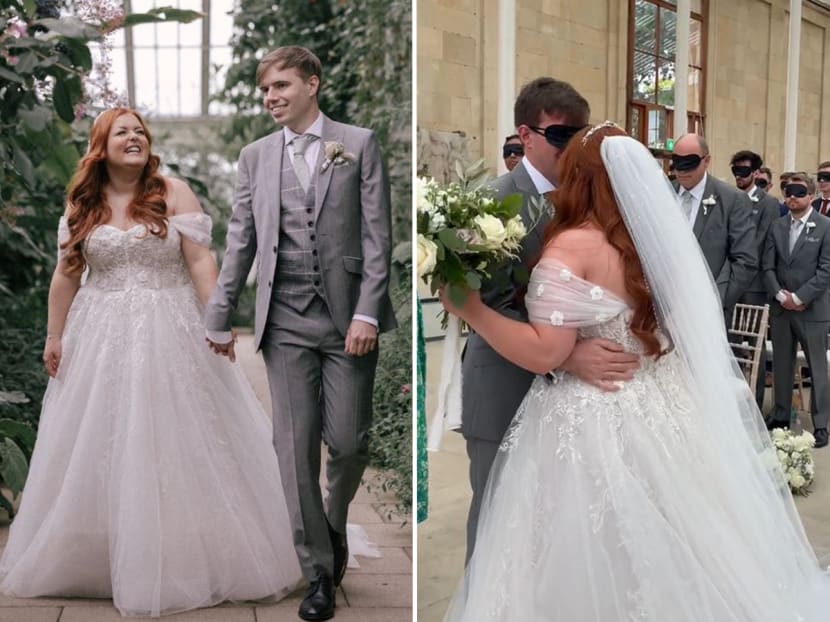 Ms Lucy Edwards, who is visually impaired, walked down the aisle on her wedding day while her groom and guests were blindfolded in a recent viral video on TikTok. Ms Lucy Edwards, who is visually impaired, walked down the aisle on her wedding day while her groom and guests were blindfolded in a recent viral video on TikTok.