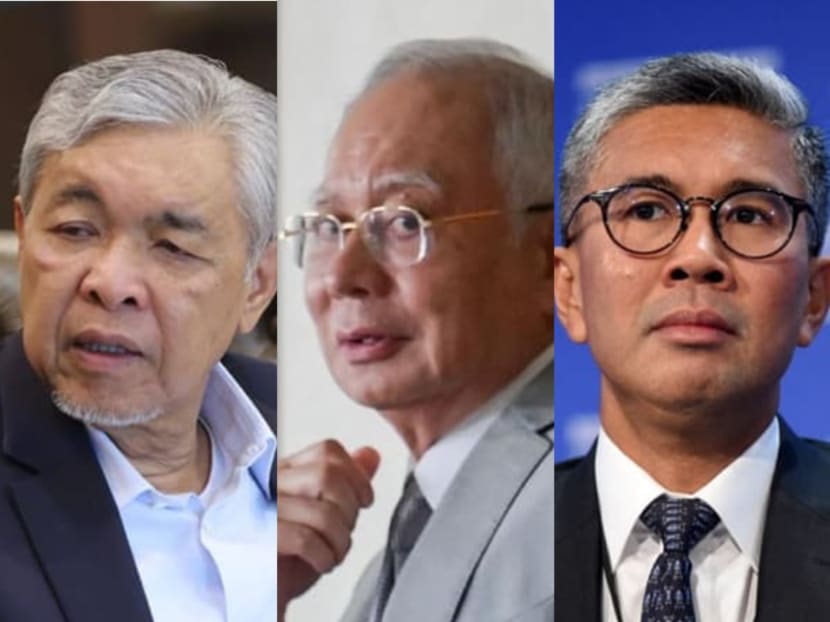 Malaysia Deputy Prime Minister Ahmad Zahid Hamidi (left), former prime minister Najib Razak (middle) and Investment, Trade and Industry Minister Tengku Zafrul Tengku Abdul Aziz. 