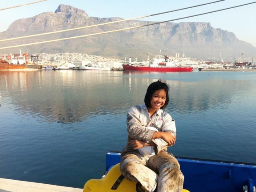 The author at Cape Town, South Africa, in June 2012 after she started sailing as a cadet engineer on a container ship upon graduating from polytechnic.