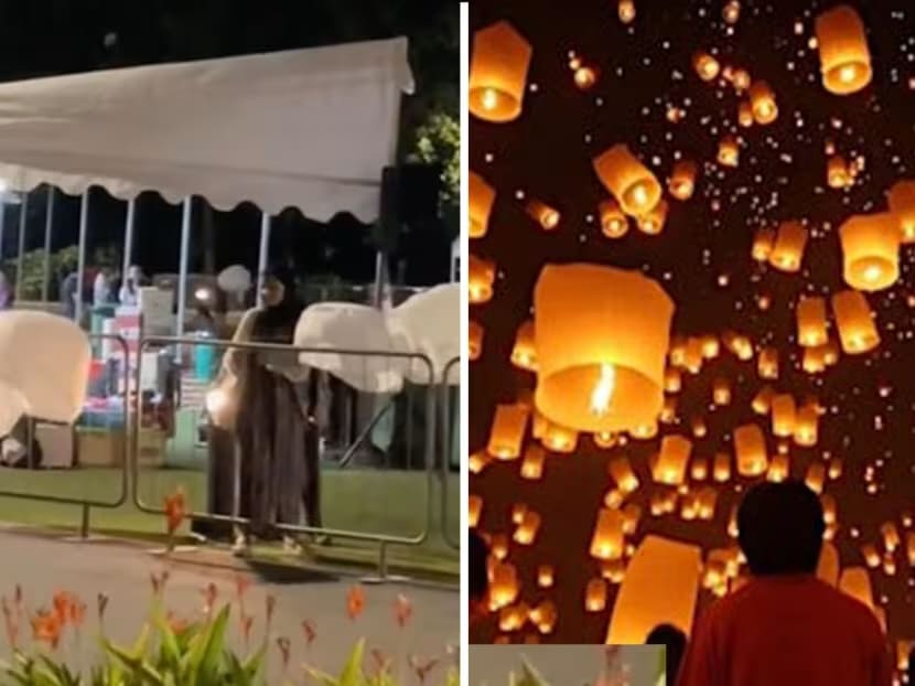 An event to release candle-lit lanterns into the air at Singapore's Sentosa Island that was advertised (right) did not materialise and patrons were left to hang lanterns on barricades (left).

