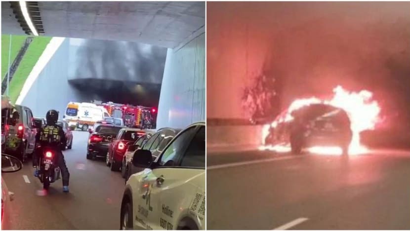 Driver rescued by 2 people before crashed car burst into flames in underpass along SLE