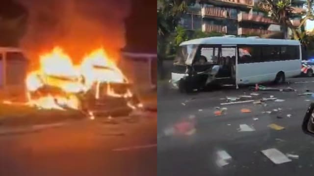 武吉知马发生严重车祸 校车轮胎脱落 轿车烧毁