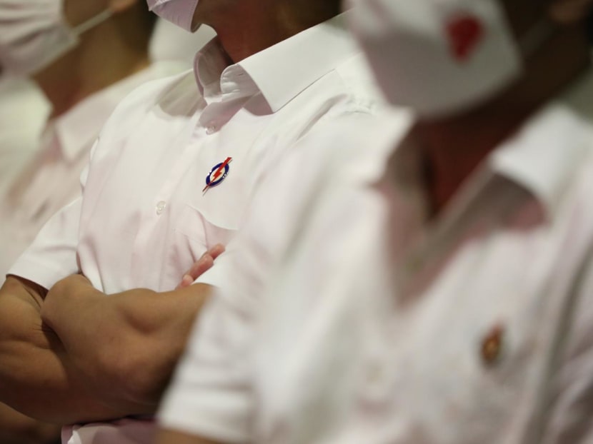 The People's Action Party logo is seen on a party member's shirt. The People's Action Party logo is seen on a party member's shirt.