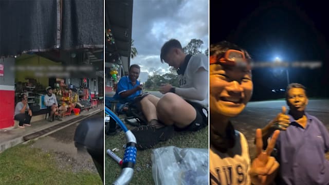 狮城男子马国骑车接连爆胎 热心居民牺牲家庭时间帮他修车