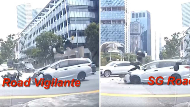 轿车疑似闯红灯酿大祸 将摩托骑士撞飞至对面路口