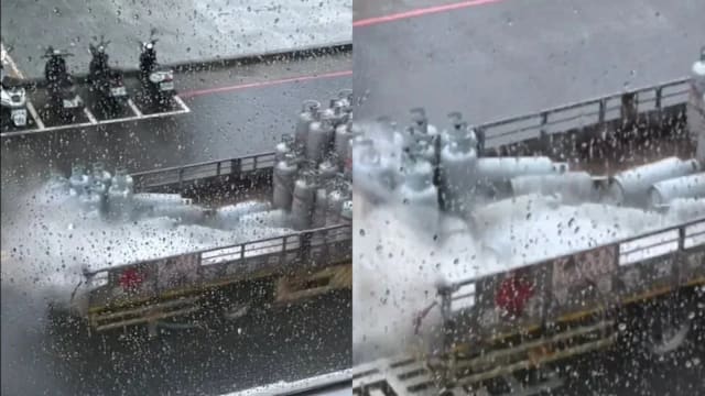 高雄瓦斯货车泄漏冒白烟 司机仍继续行驶800公尺