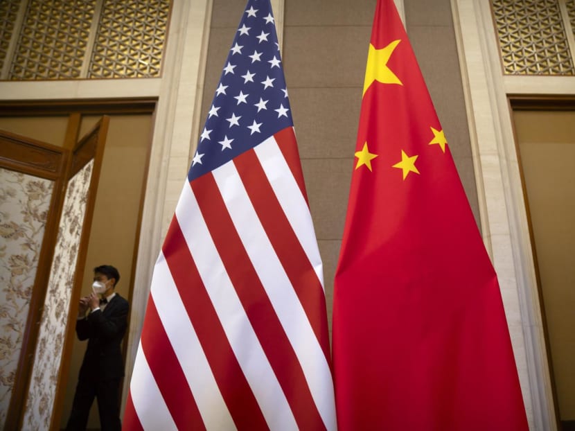 US and Chinese flags are seen before a meeting between US Treasury Secretary Janet Yellen and Chinese Vice Premier He Lifeng at the Diaoyutai State Guesthouse in Beijing on July 8, 2023.