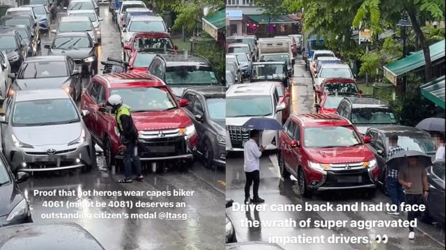 轿车雨天挡道造成塞车  骑士帮忙疏通也压不住众怒