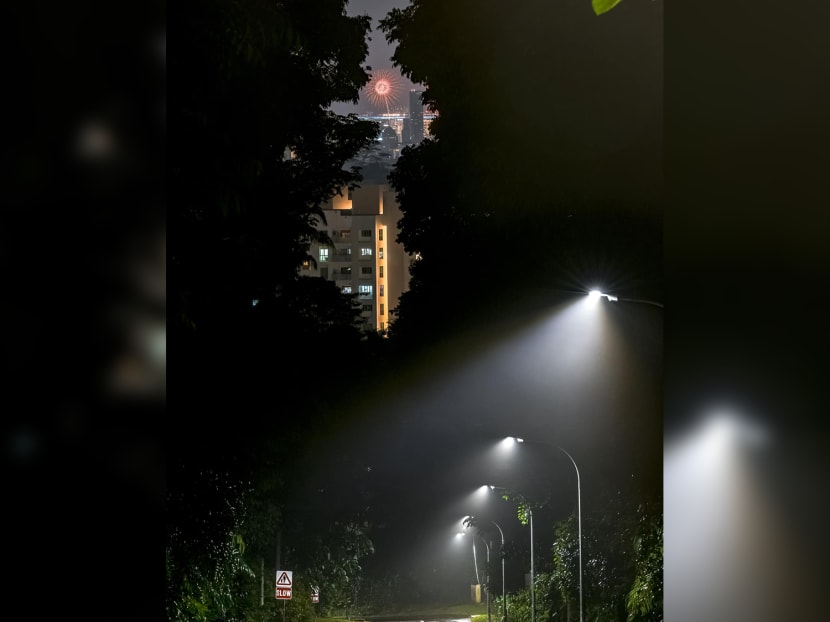 A photo taken in Bukit Batok by Facebook user Quek Song Chye of fireworks rising over Marina Bay Sands hotel on New Year's Eve 2023.